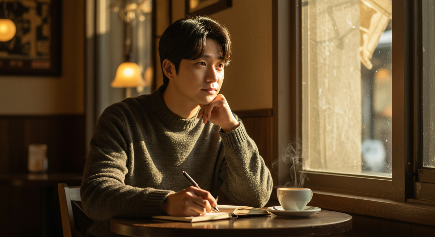 카페 테이블에 앉아 노트를 펴고 깊은 생각에 잠긴 남성