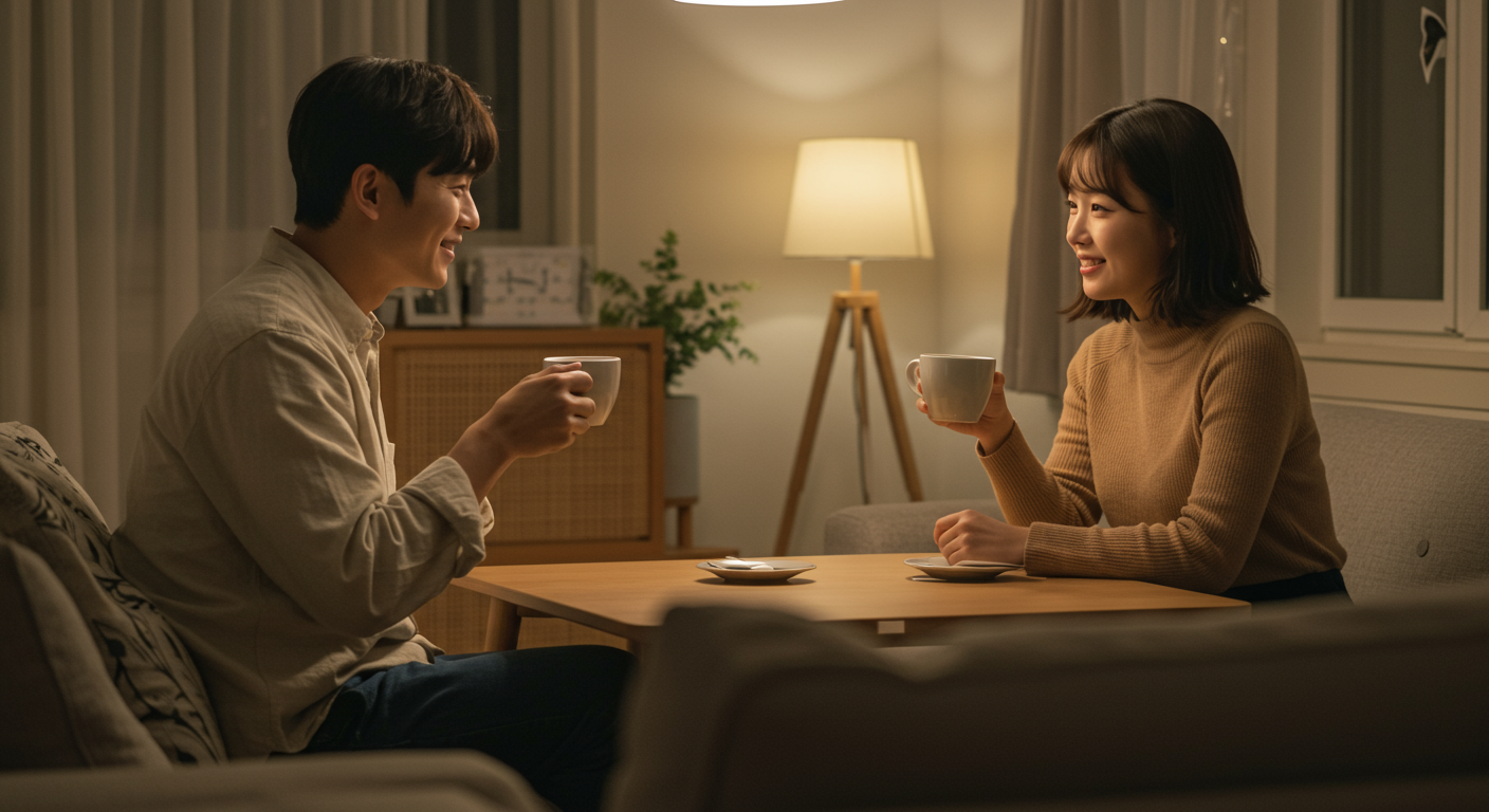 아늑한 아파트에서 진솔하게 대화하는 두 사람