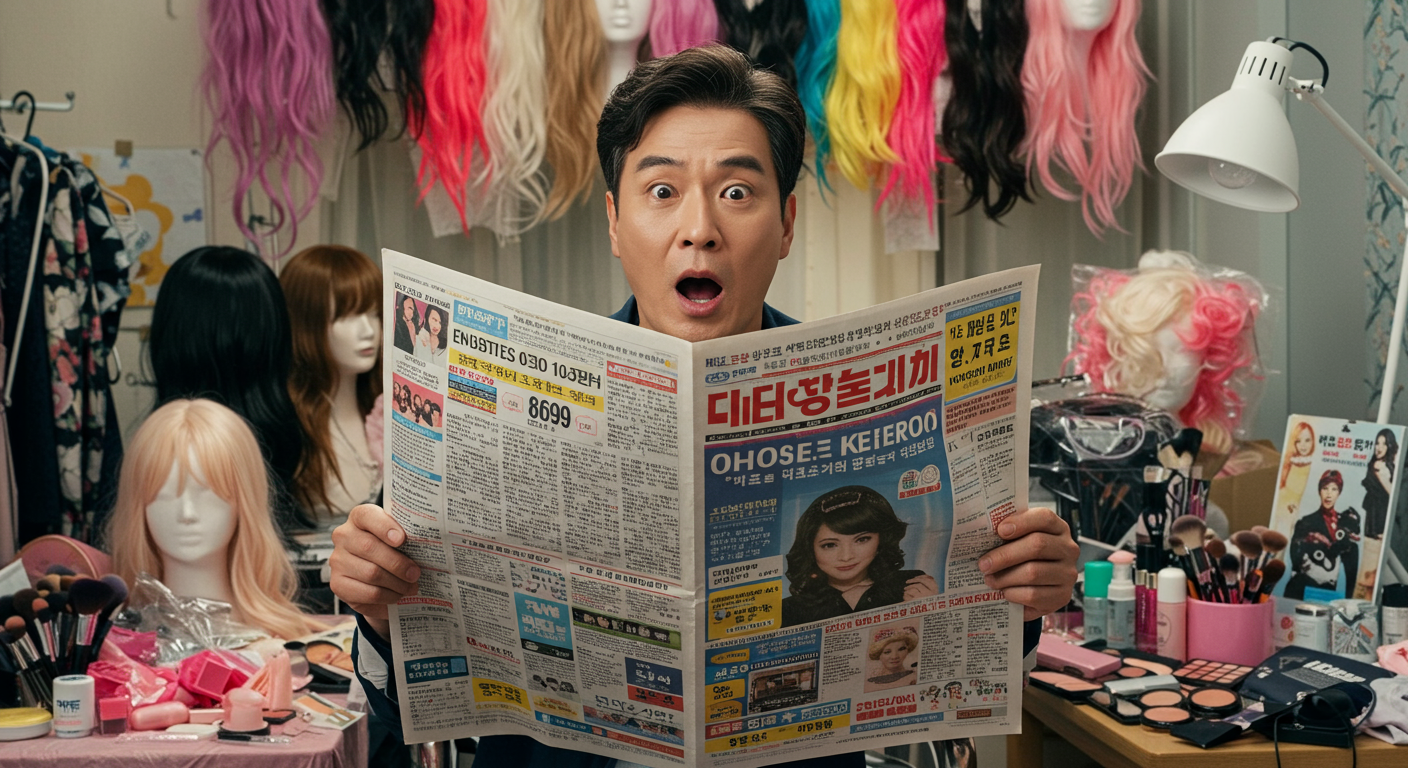 신문 광고를 보며 기뻐하는 남성이 가발과 화장 도구들로 둘러싸여 있는 모습