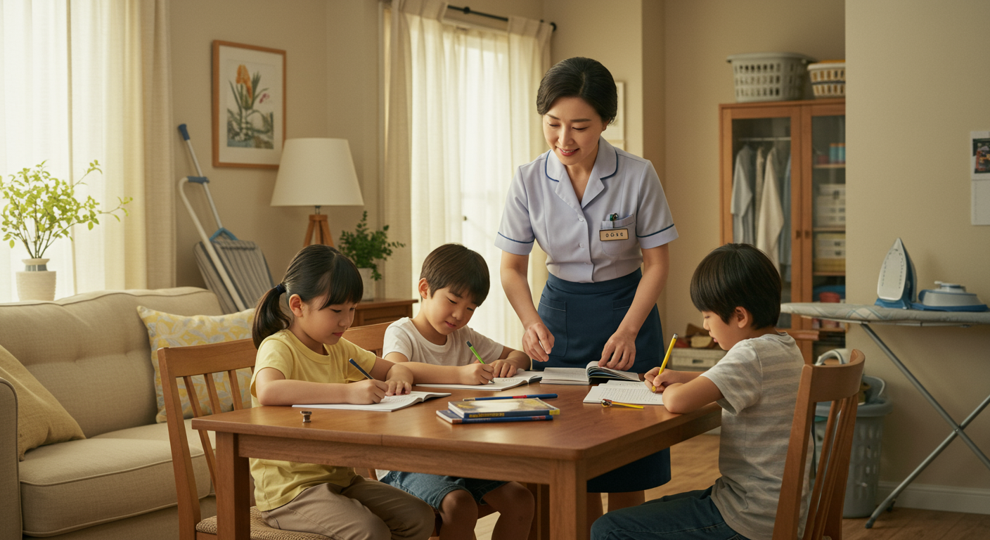 가사 일을 하며 아이들과 숙제를 함께 하는 여성의 따뜻한 일상