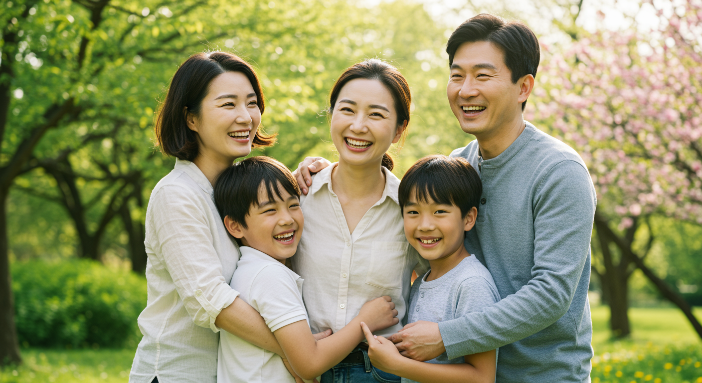 공원에서 서로를 포옹하며 화해와 행복을 나누는 가족