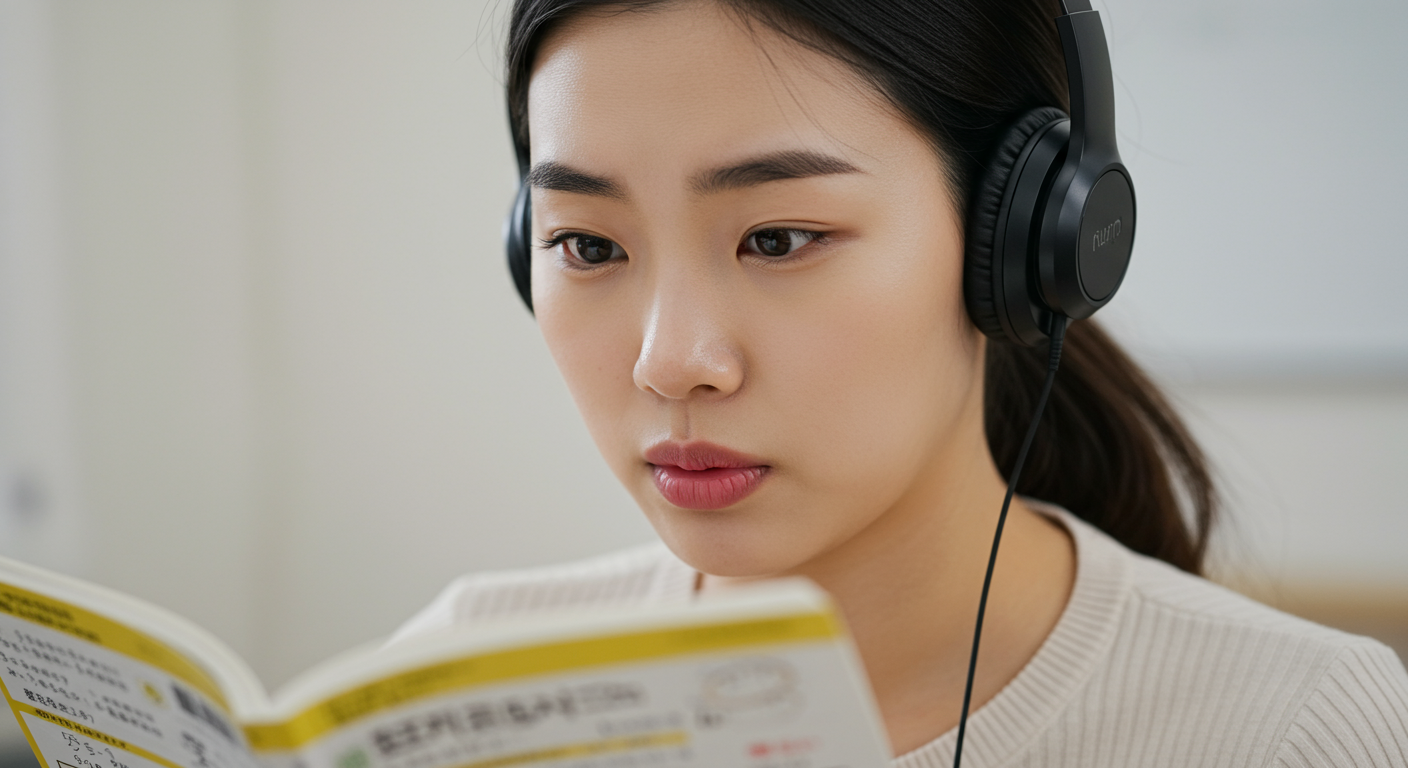 교재와 이어폰으로 일본어 발음을 공부하는 사람