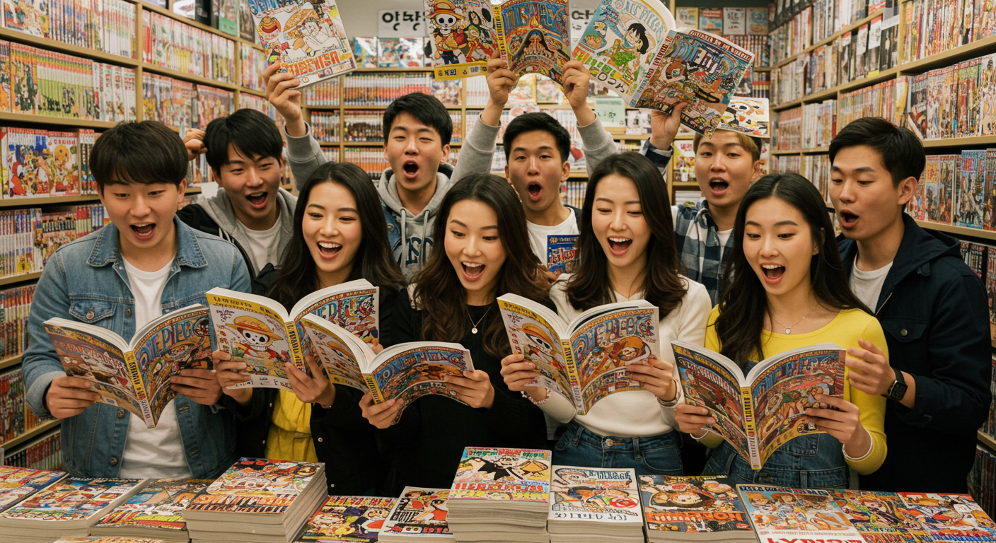 만화방에서 최신 원피스 화를 읽고 있는 팬들의 활기찬 모습