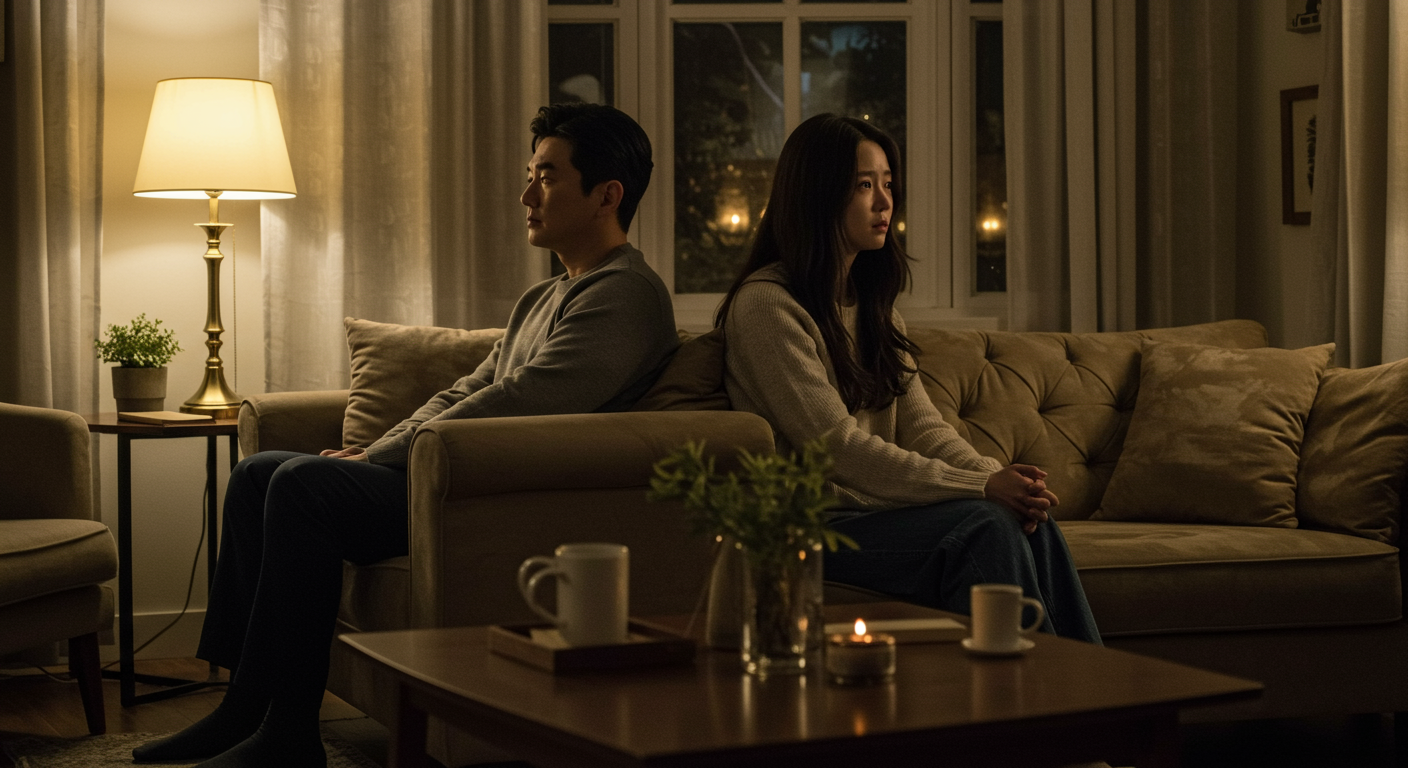 따뜻하고 감성적인 거실에 앉아 서로를 바라보는 두 명의 커플