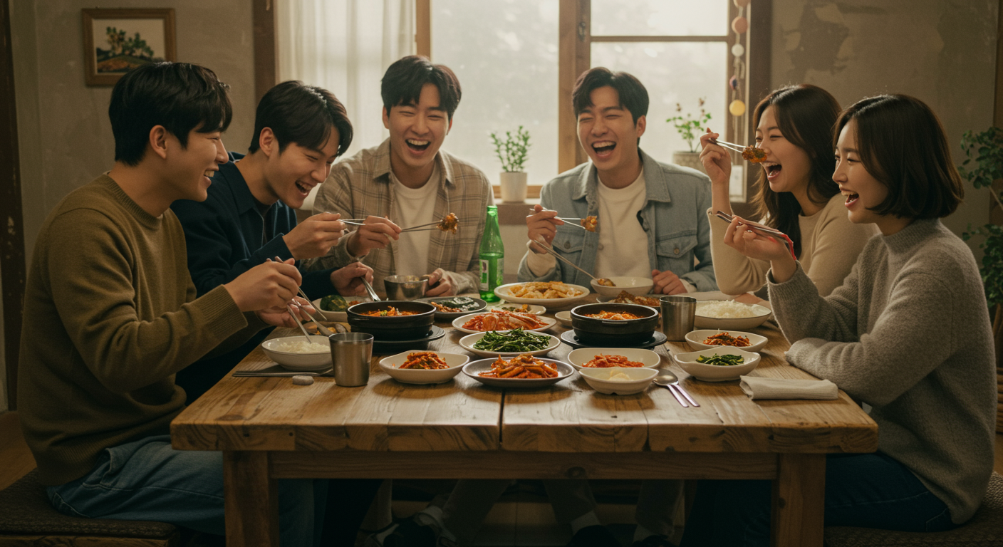 여섯 명의 사람들이 소박한 식탁에 둘러앉아 따뜻한 분위기로 식사를 나누는 장면