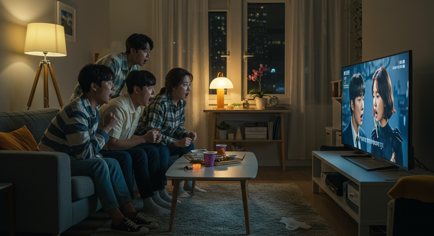 현대적인 거실에서 대형 TV로 드라마를 보는 사람들의 모습