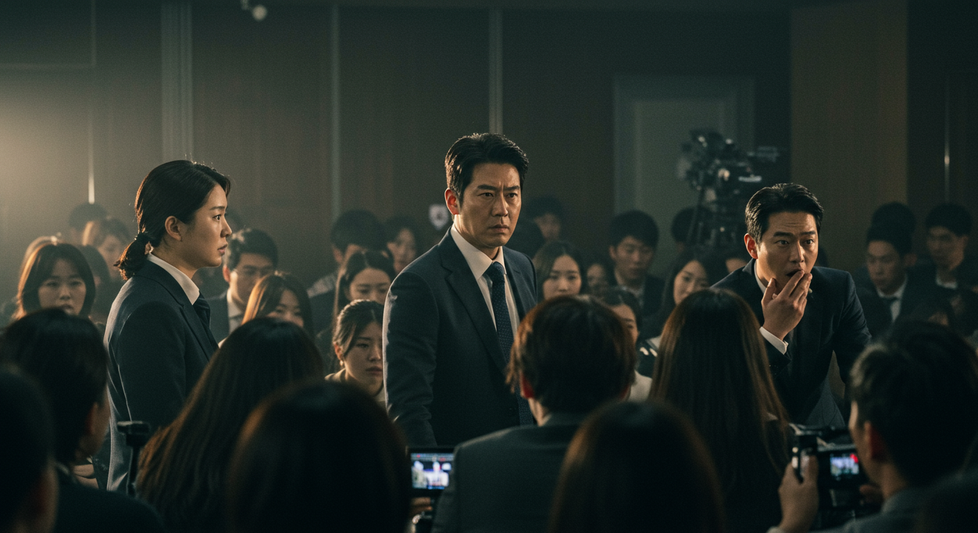 기자회견장에서 충격적 진실이 밝혀지는 장면