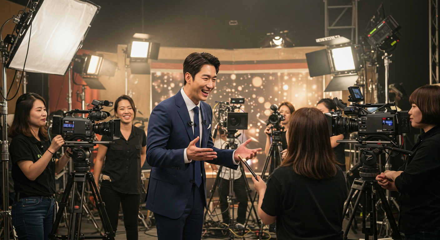 TV 촬영장에서 따뜻하고 사교적인 모습을 보이는 한국 배우