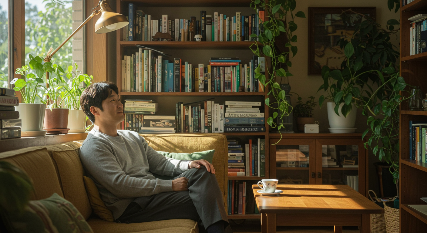 아늑한 방에서 책과 식물과 함께 조용한 시간을 보내는 한국 배우