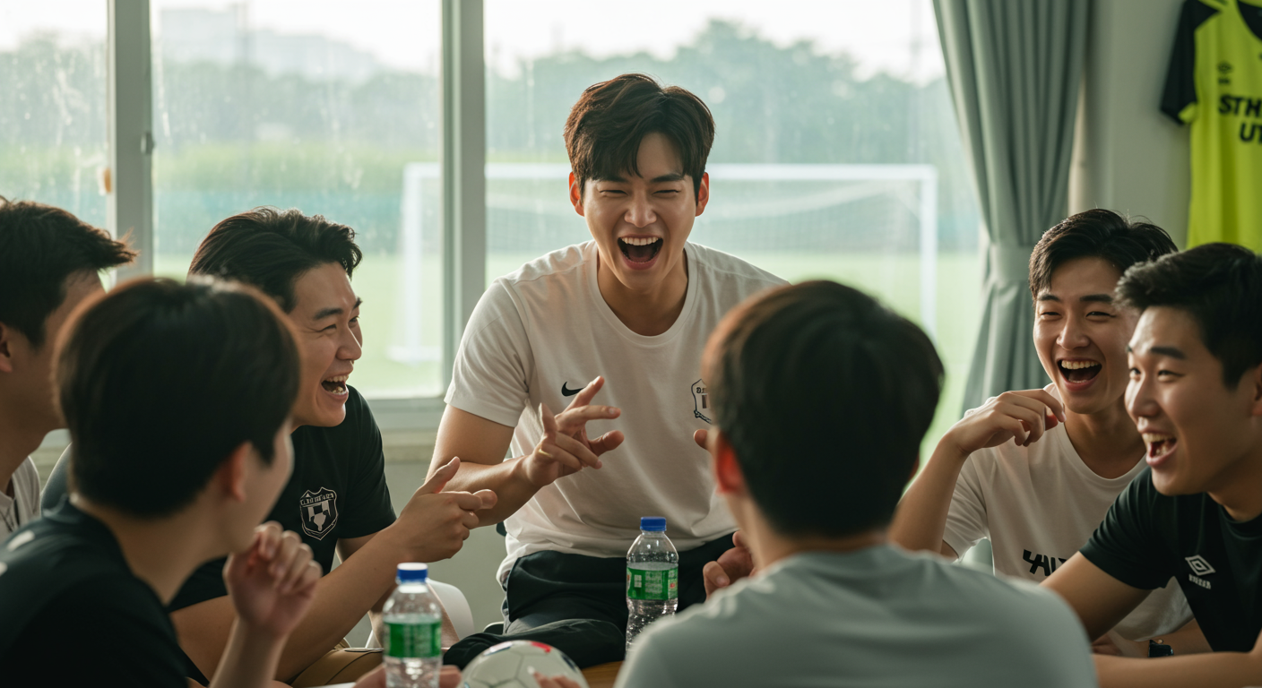 친구들과 축구 클럽 모임에서 활기찬 대화와 웃음을 나누는 한국 배우