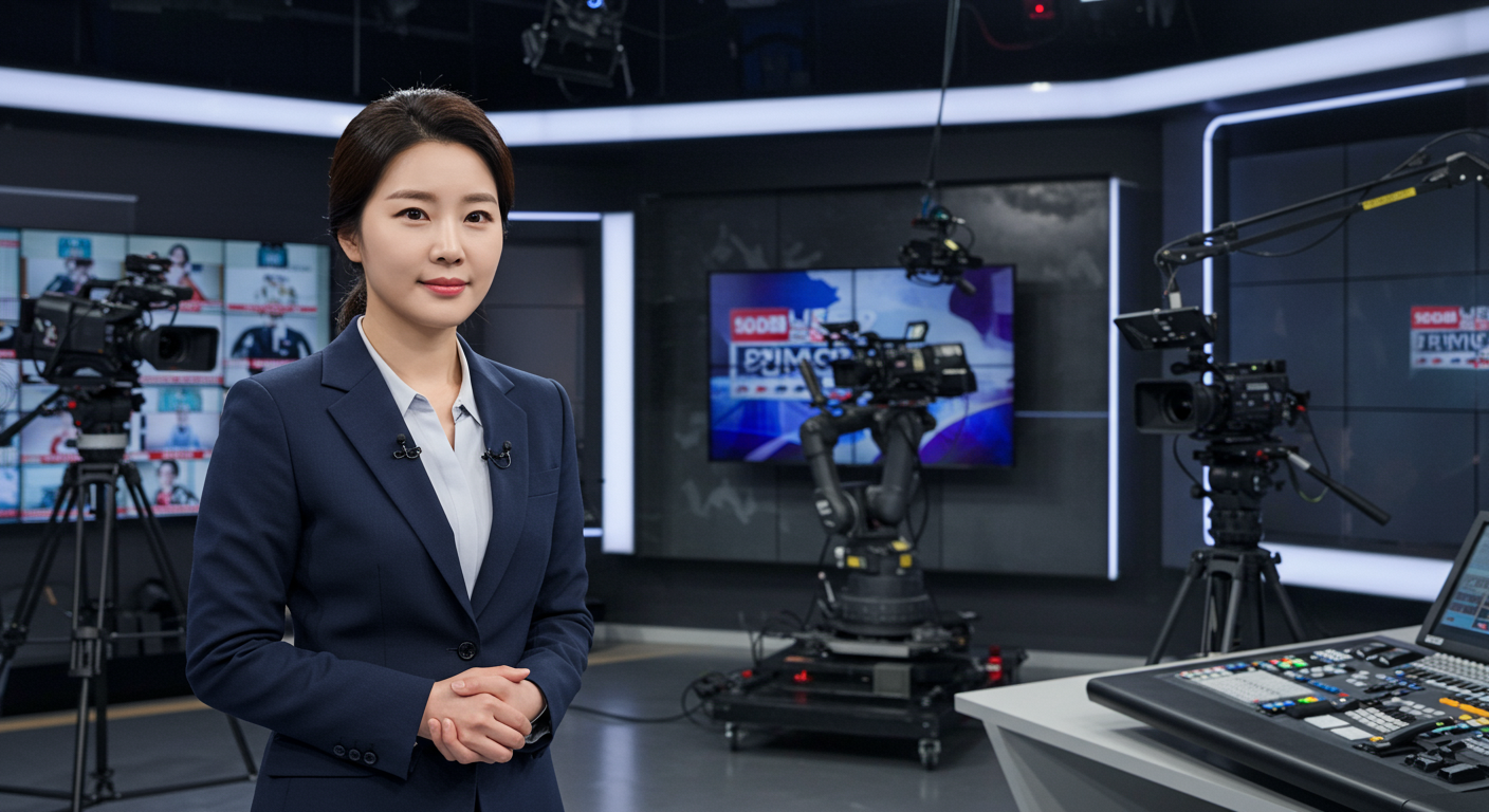 현대적인 방송 스튜디오에서 뉴스를 전달하는 경력 있는 여성 아나운서