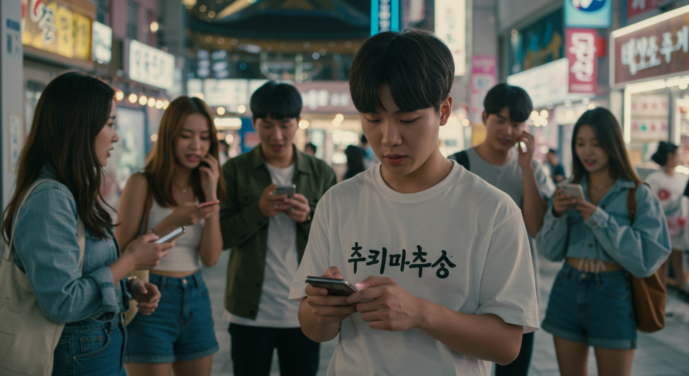 도시 환경에서 친구들과 함께 스마트폰으로 '하모예'를 사용하는 젊은이들