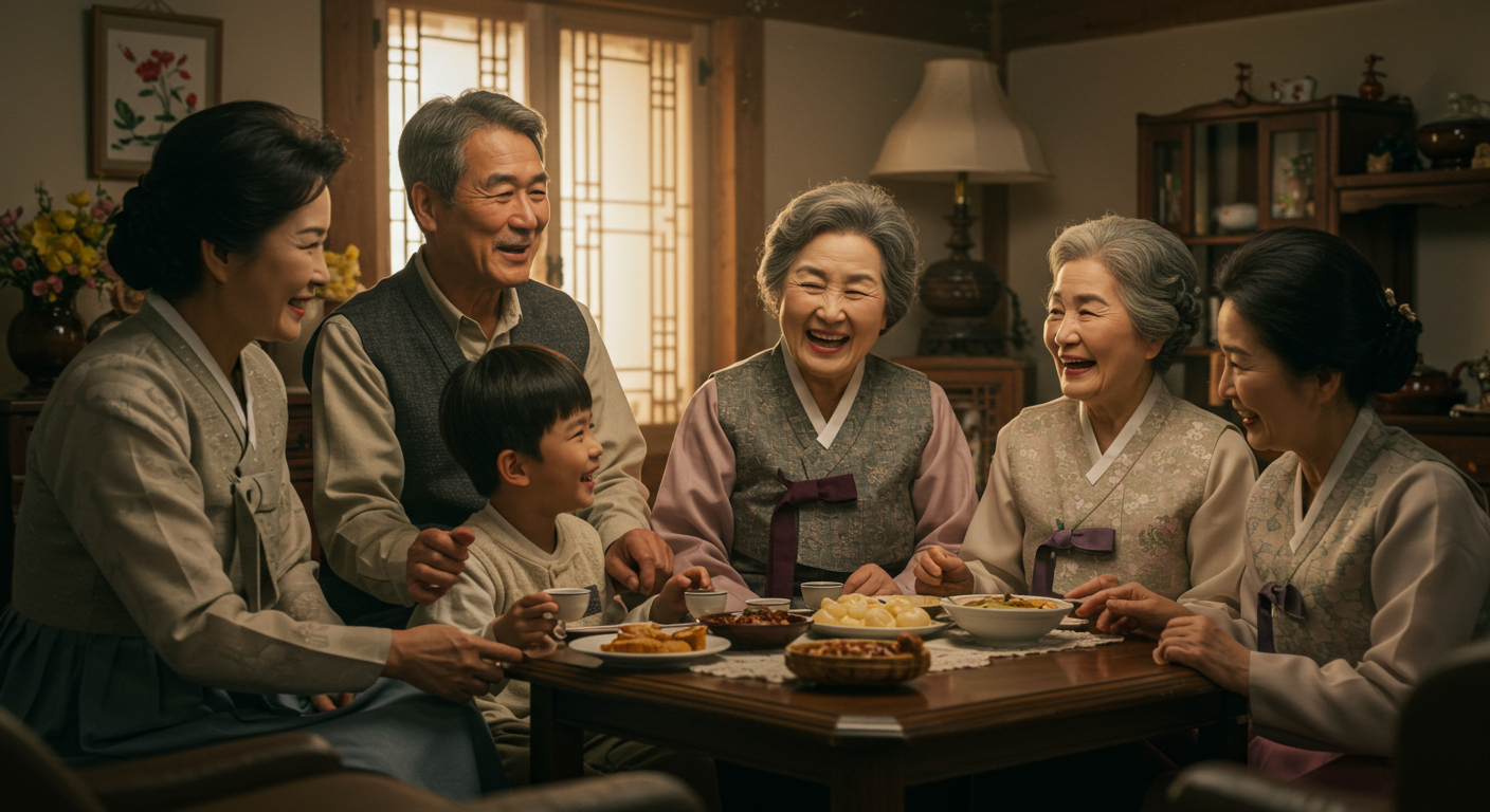 가족 모임에서 조부모와 손자들이 지역 방언을 사용하며 따뜻하게 소통하는 모습