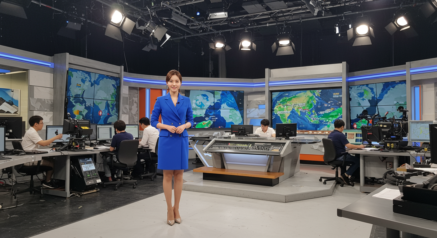 TV 스튜디오에서 날씨 지도를 배경으로 자신감 있게 서 있는 현대적인 기상캐스터