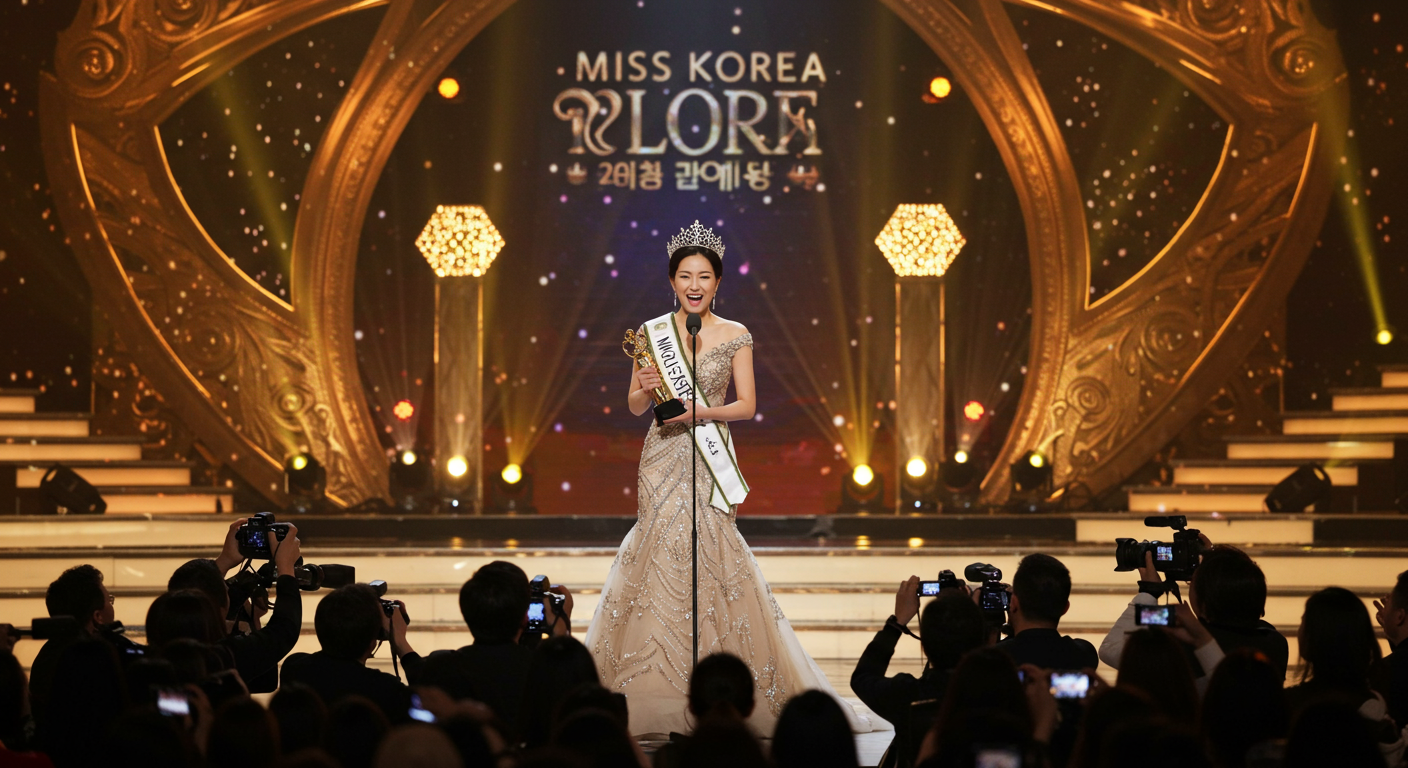 미스코리아 무대에서 드레스 입고 상을 받으며 사진이 찍히는 모습