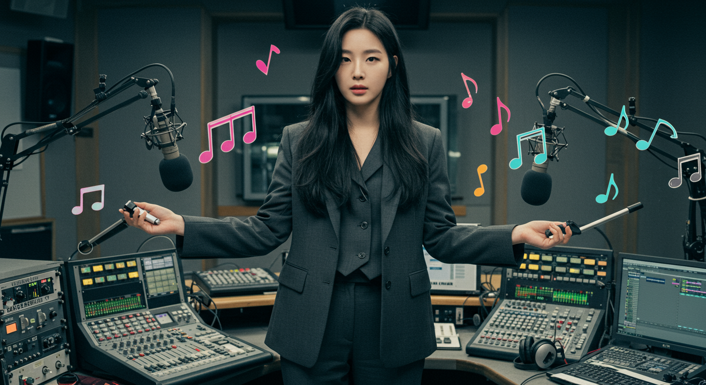 방송 스튜디오에서 방송 장비와 음악적 요소를 다루는 여성의 이중 직업 표현