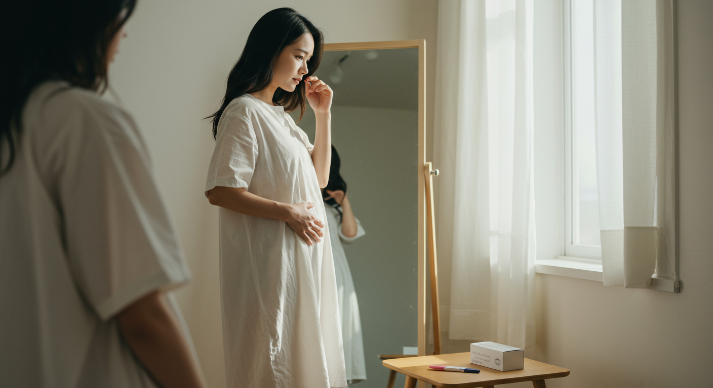 방에서 자신의 몸 변화를 주의 깊게 살펴보는 여성의 모습