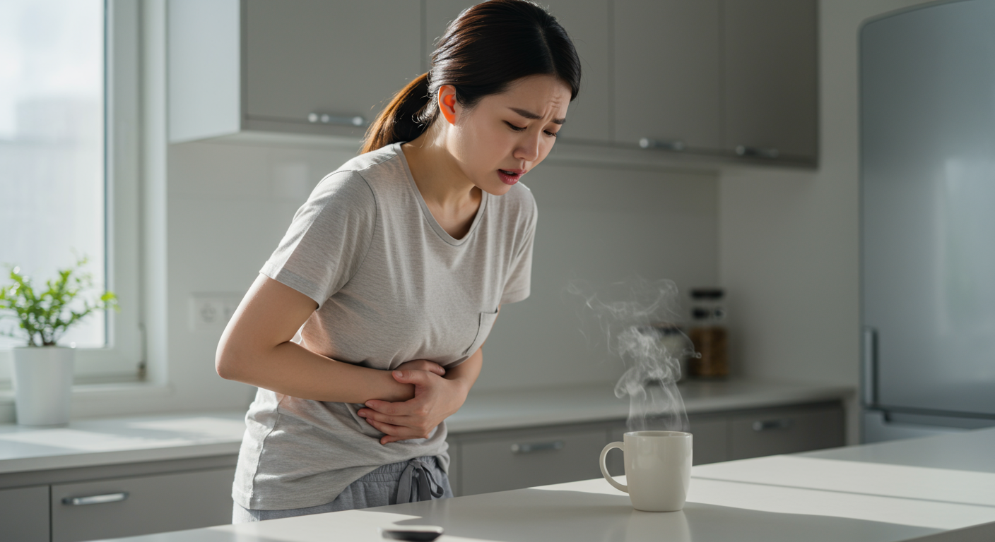 현대식 주방에서 입덧으로 메스꺼움을 느끼는 여성