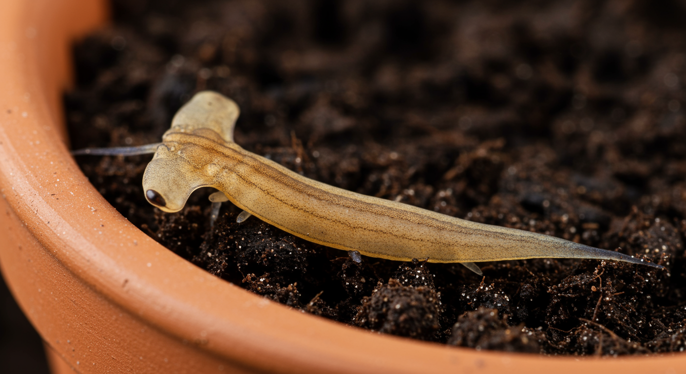 화분 흙 속에서 발견된 망치머리 플라나리아의 모습