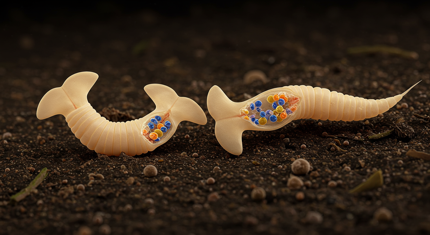 몸통 분절을 통해 재생 중인 두 마리의 망치머리 플라나리아