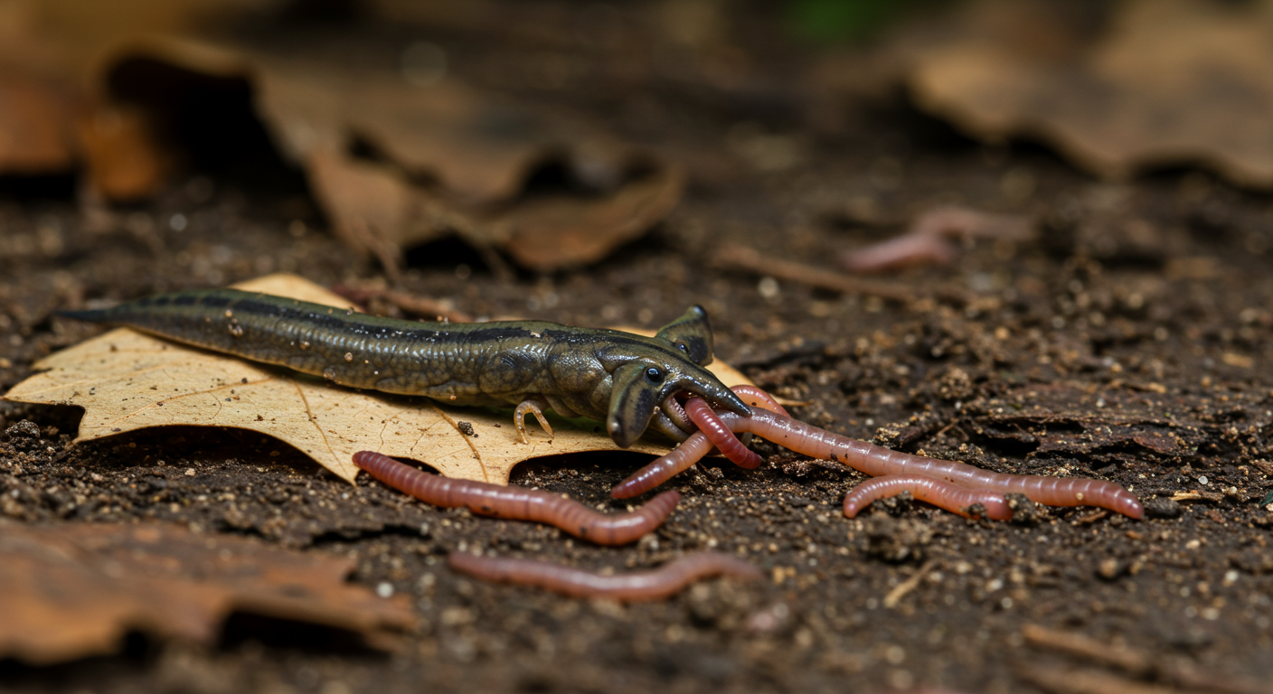 숲 속에서 지렁이를 포획하는 장면을 통한 생태계 영향 묘사