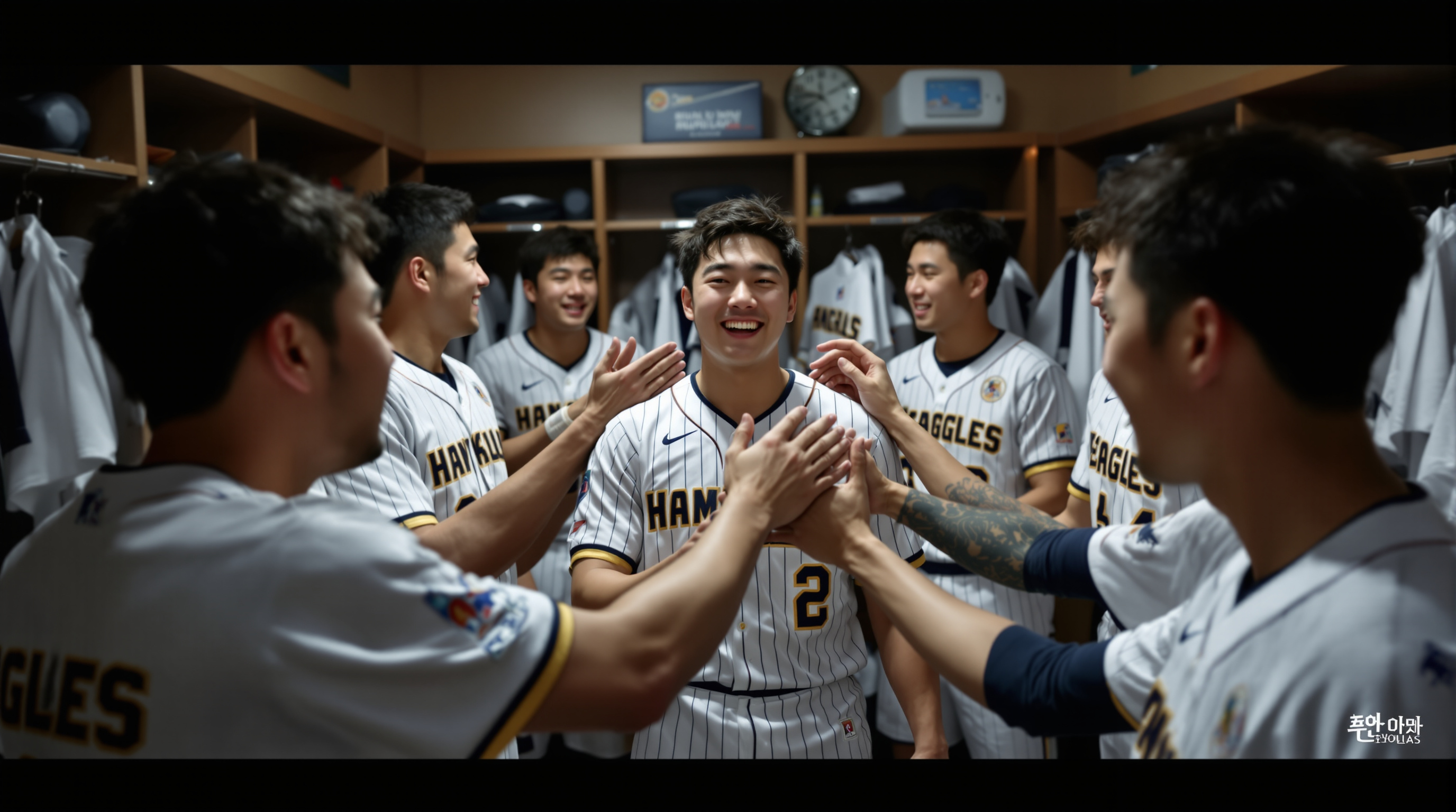 성공적인 시즌을 축하하는 팀 동료들과 함께한 한화 이글스 락커룸에서의 축제 장면