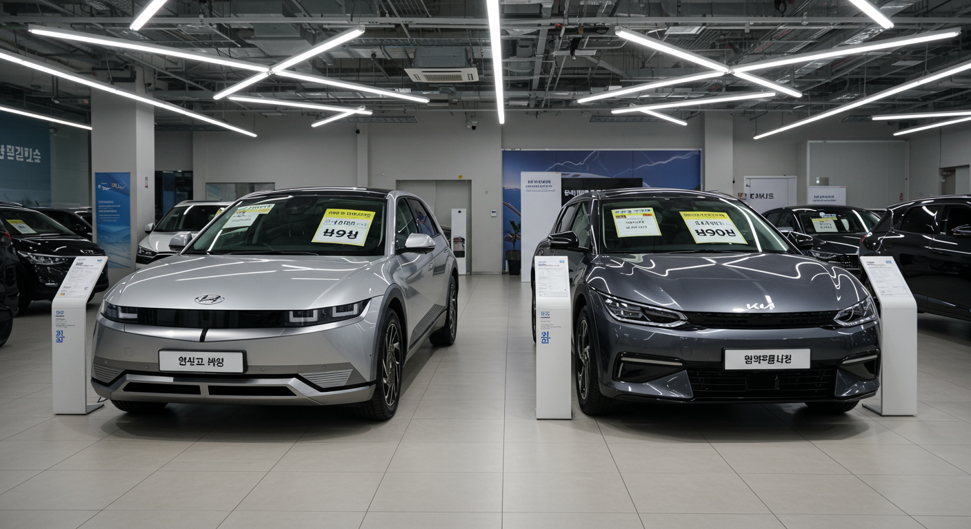 전기 SUV 두 대가 나란히 주차된 한국 자동차 딜러십