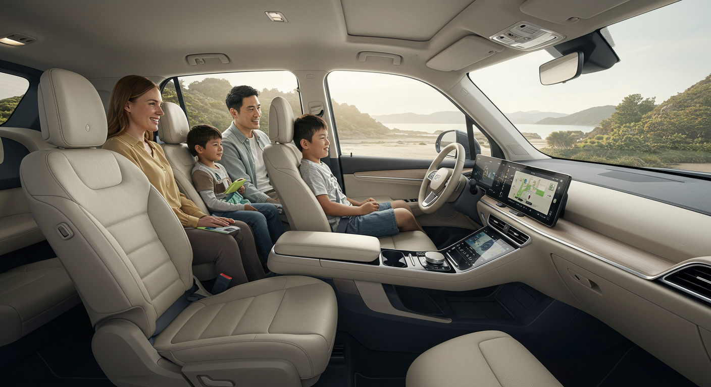 넓은 좌석을 가진 전기 SUV 내부에 편안하게 앉아 있는 가족