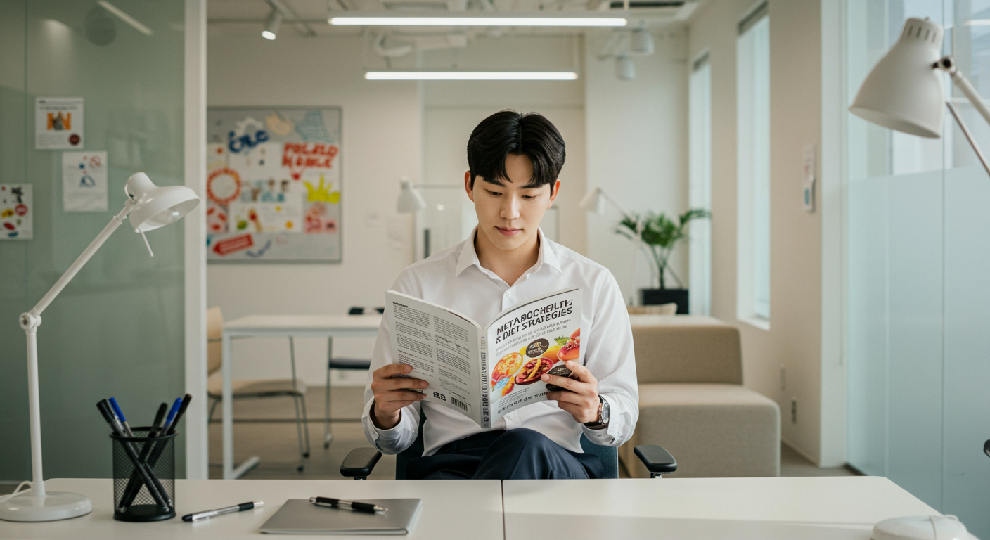 책상에 앉아 대사 건강과 다이어트 전략에 대한 책을 읽고 있는 사무직 근로자
