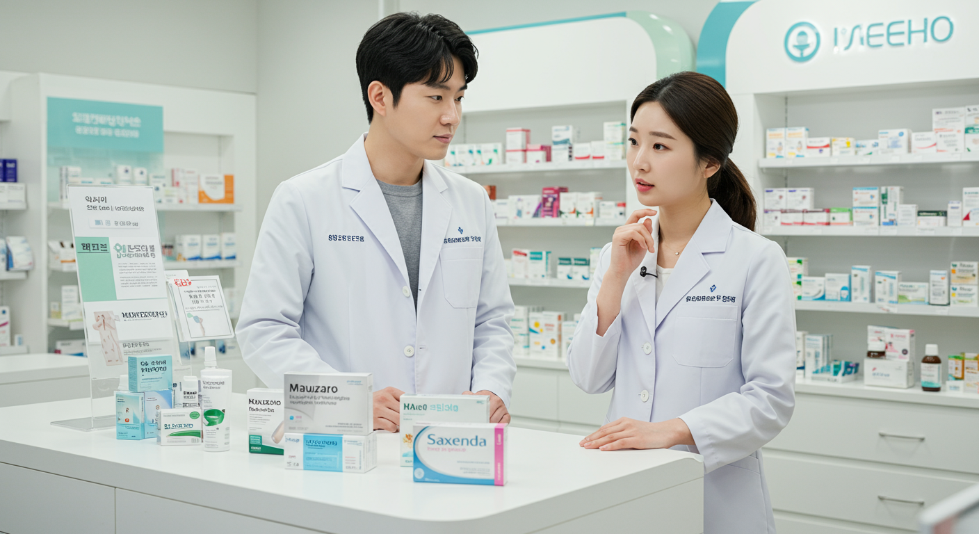 두 약사가 현대적인 약국에서 체중 감량 주사제를 논의하는 모습