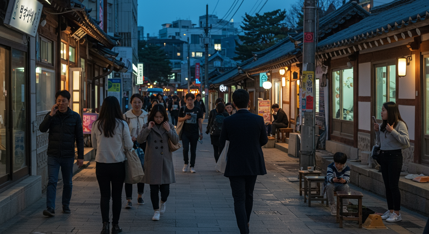 현대 한국 도시 환경에서 사람들이 스마트폰을 사용하며 대화하는 모습