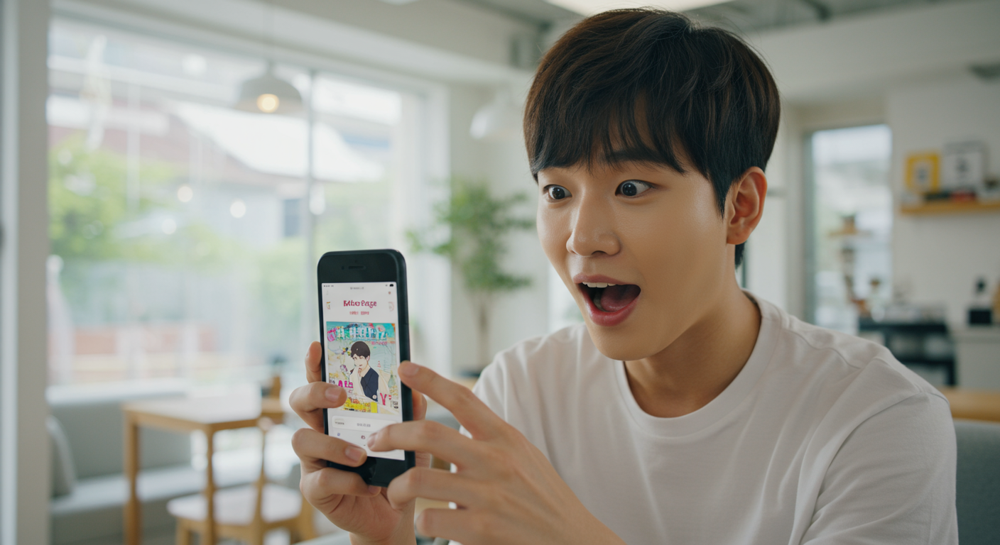 스마트폰에서 카카오페이지 앱을 보며 기대에 찬 젊은 성인