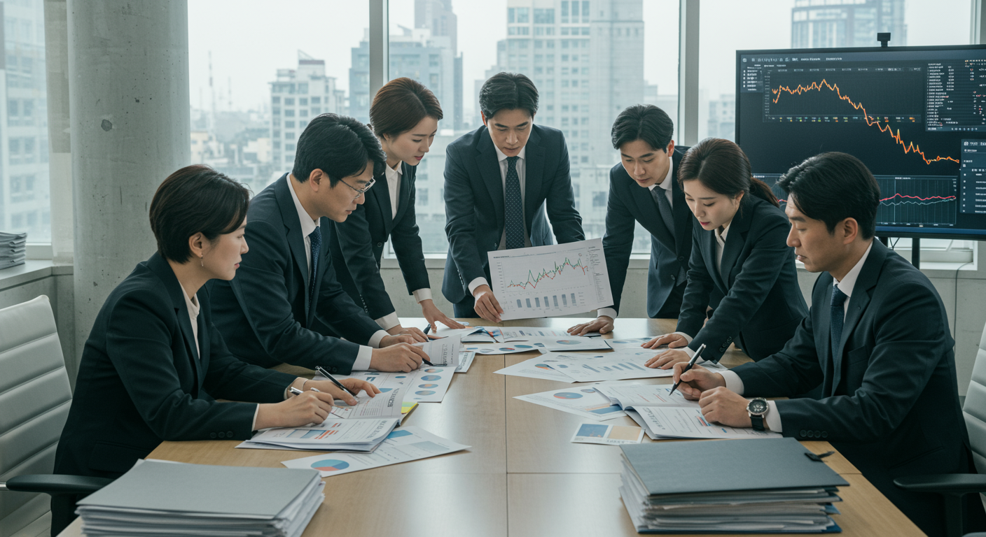 재정 손실을 보여주는 차트를 보고 있는 한국인 금융팀