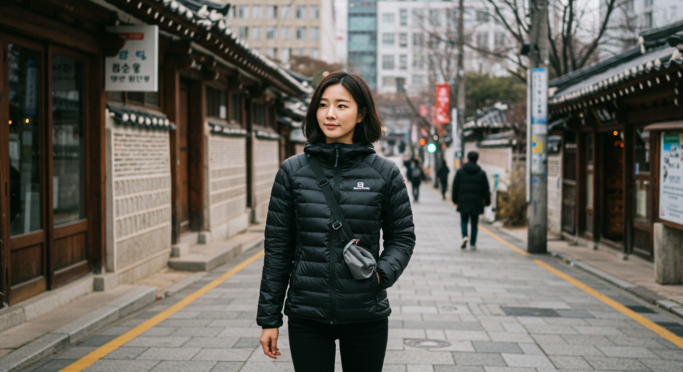 도시 배경에서 검은색 살로몬 경량패딩을 입고 있는 여성의 겨울 패션 모습