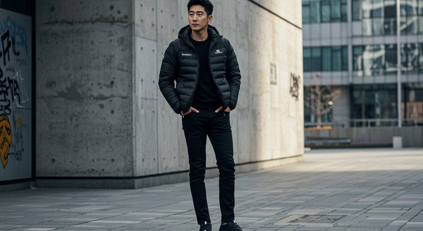 올블랙 코디에 검정색 살로몬 패딩을 입고 있는 남성의 세련된 도심 패션