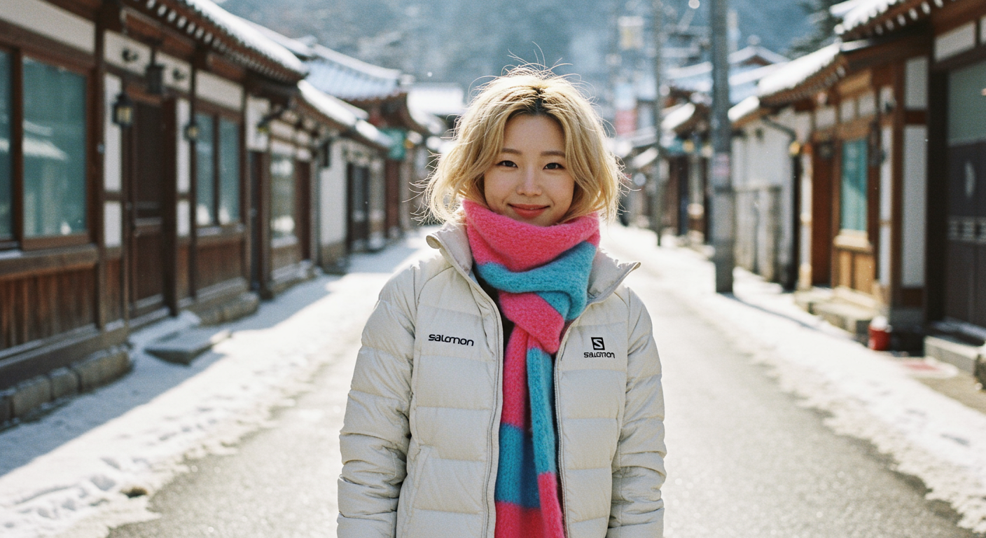 눈 덮인 거리에서 하얀 패딩을 입고 알록달록한 스카프를 두른 여성의 겨울 패션