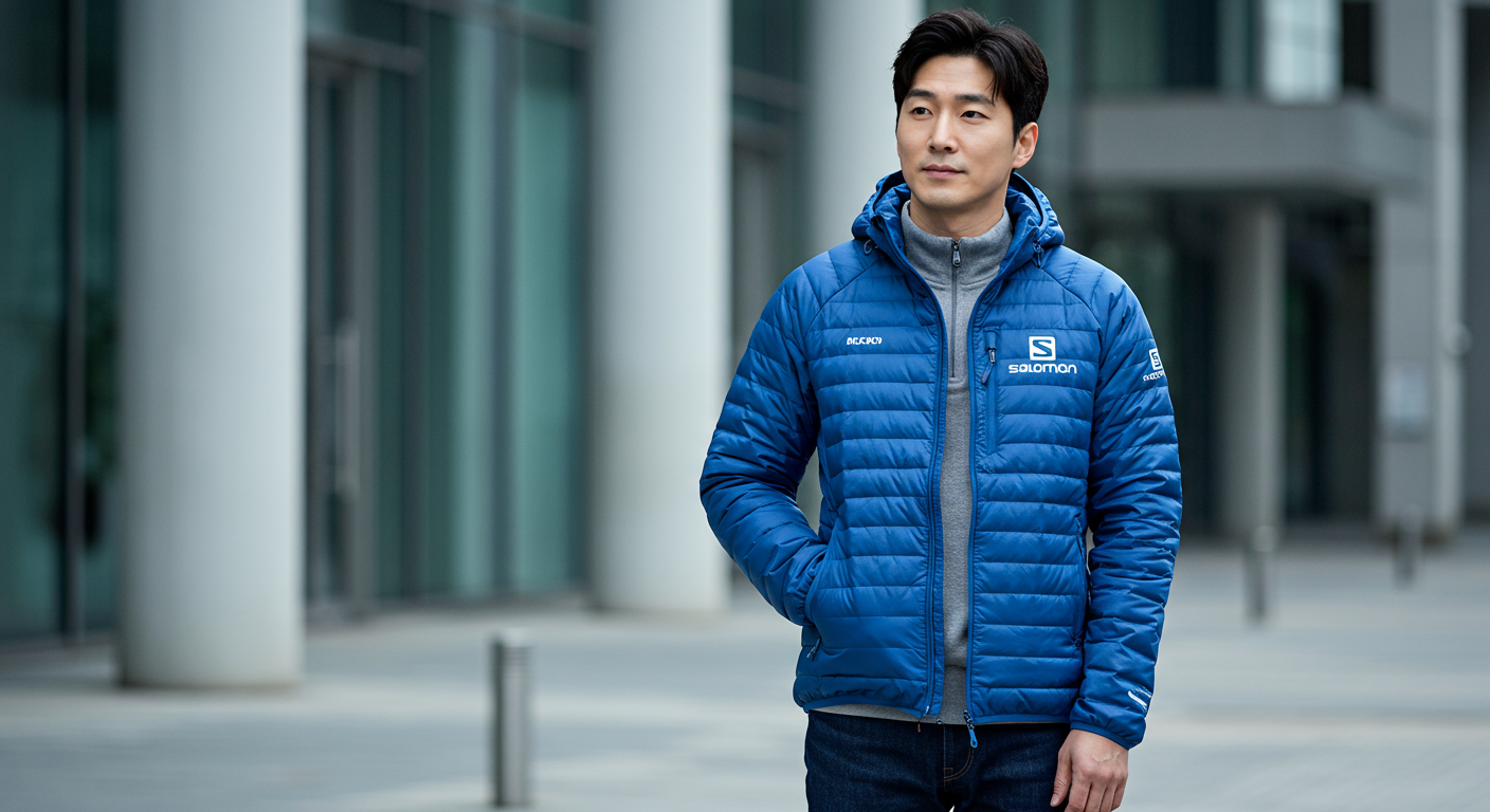 도시적인 환경에서 로얄블루 패딩과 네이비 진을 매치한 남성의 지적이고 세련된 스타일