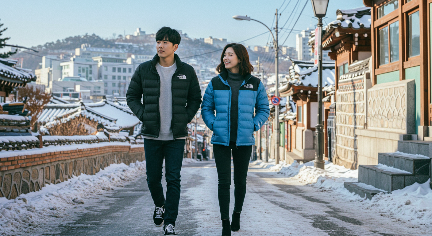 서울의 눈 내린 거리에서 노스페이스 경량패딩을 입고 있는 현대적인 남녀