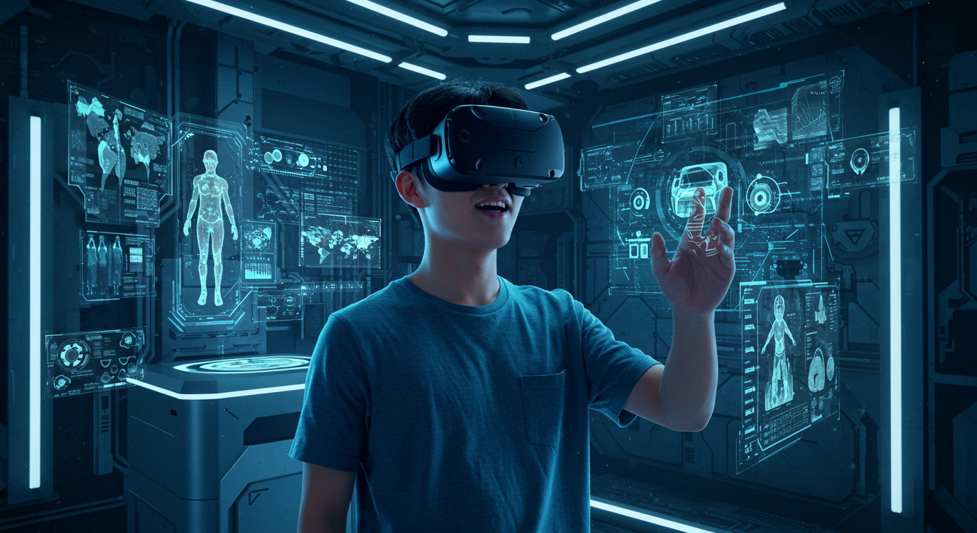 최신 VR 헤드셋을 착용한 한국인이 미래적인 방에서 홀로그램과 가상 현실 요소를 경험하는 모습
