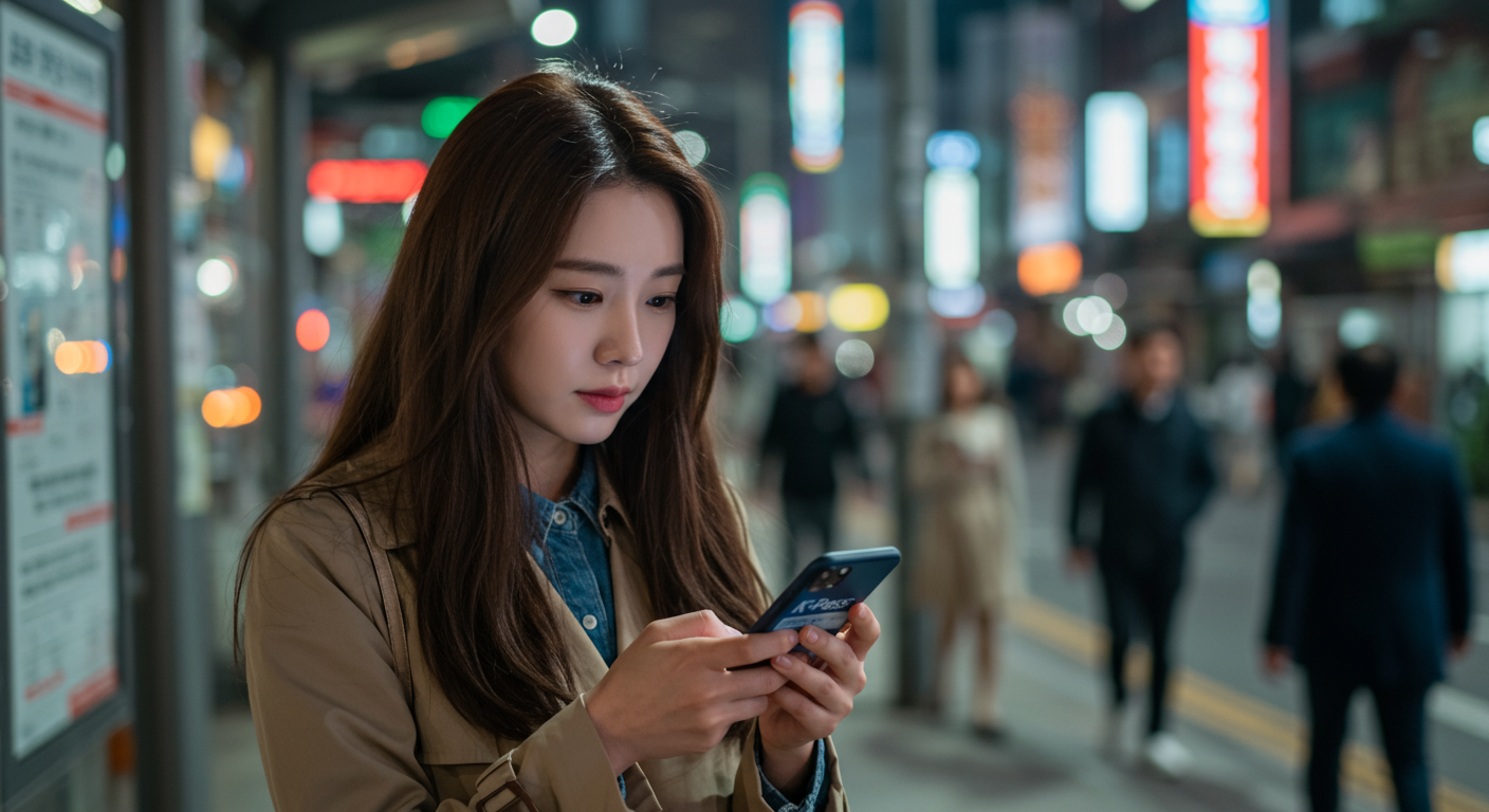 서울 버스 정류장에서 스마트폰으로 K-패스 혜택을 읽고 있는 젊은 여성