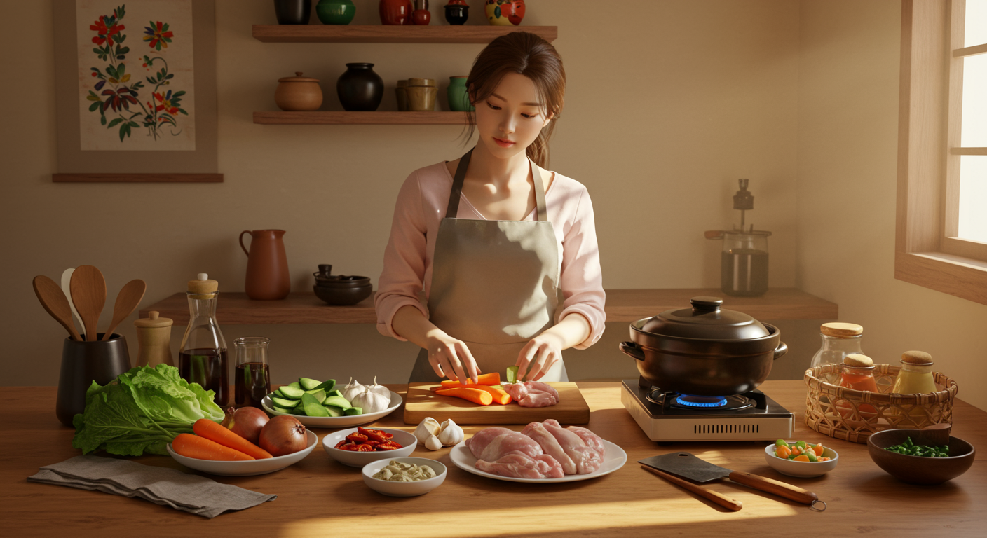 젊은 여성이 아늑한 주방에서 닭볶음탕 재료를 준비하는 모습