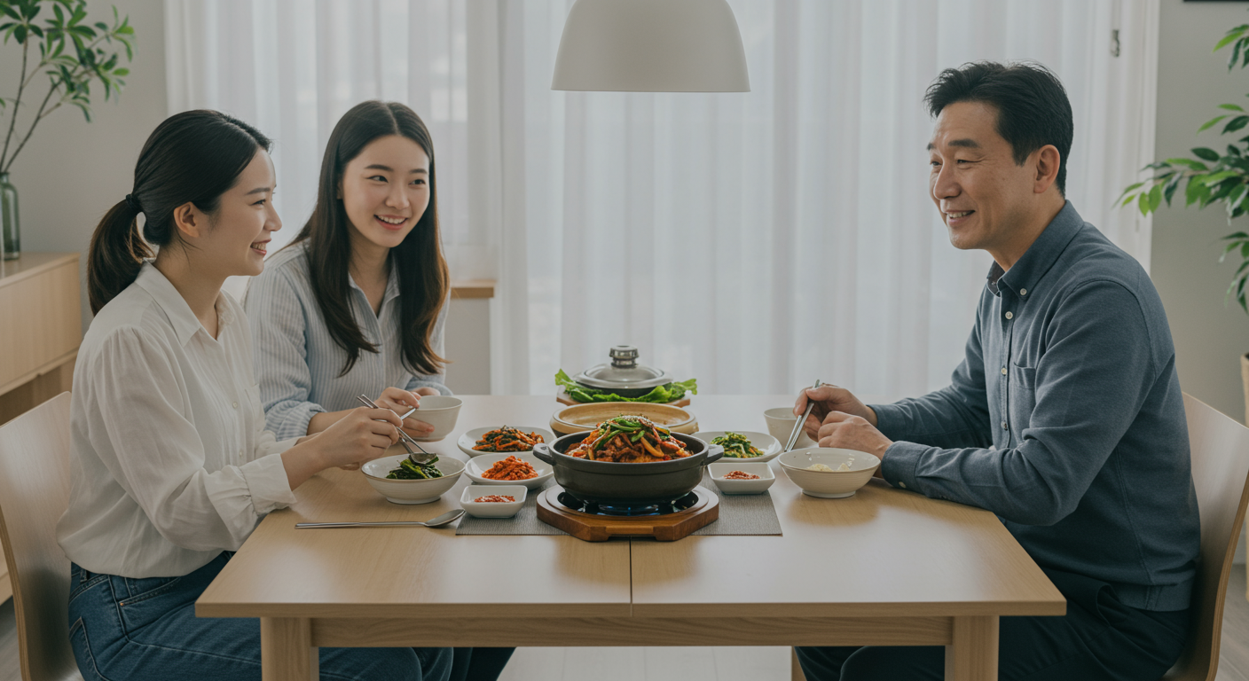 현대적인 식탁 위에 놓인 전통적인 맛의 장조림을 즐기는 가족 모습