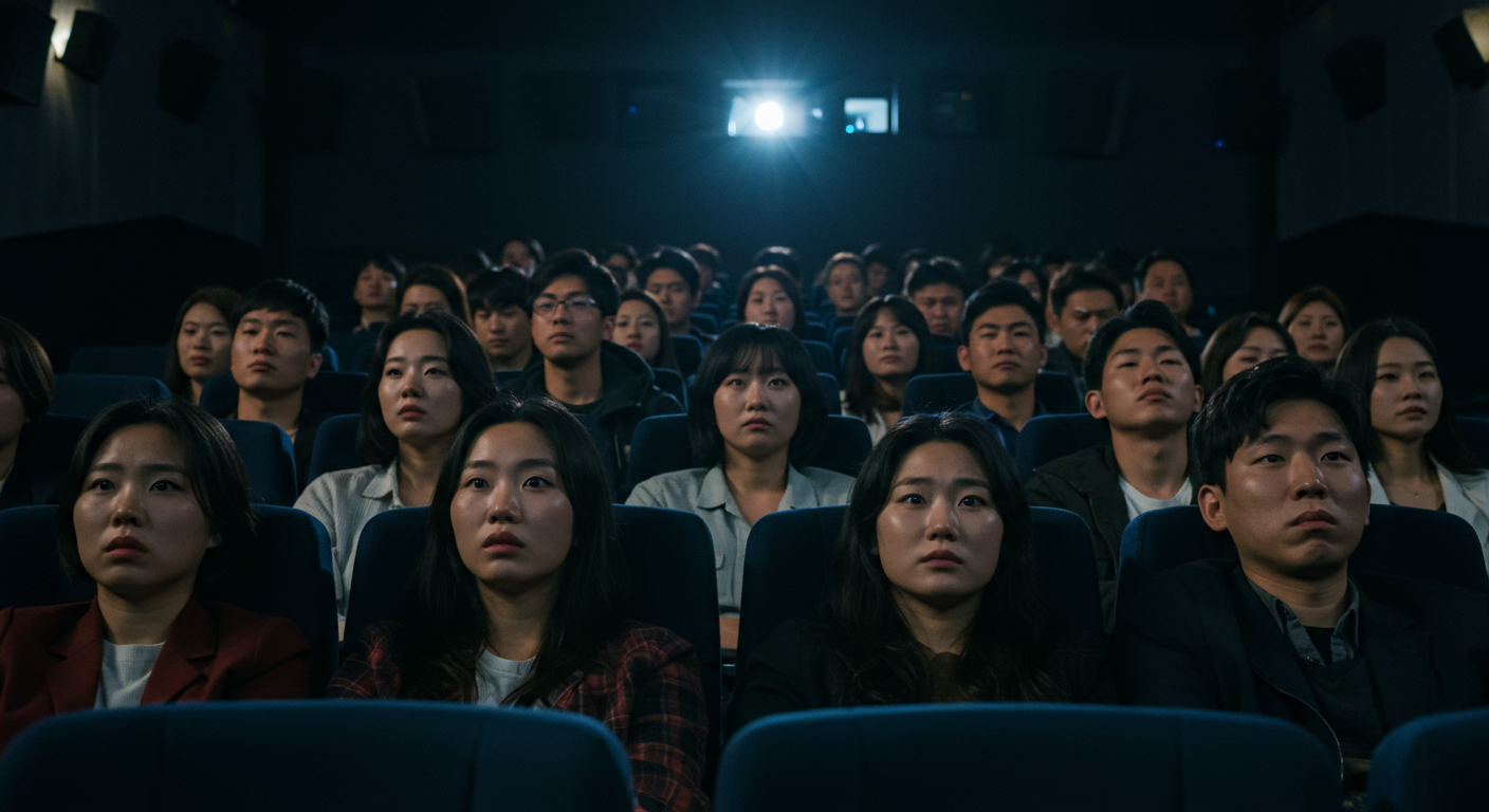 서로 다른 표정을 짓는 관객들이 있는 현대적인 한국 영화관