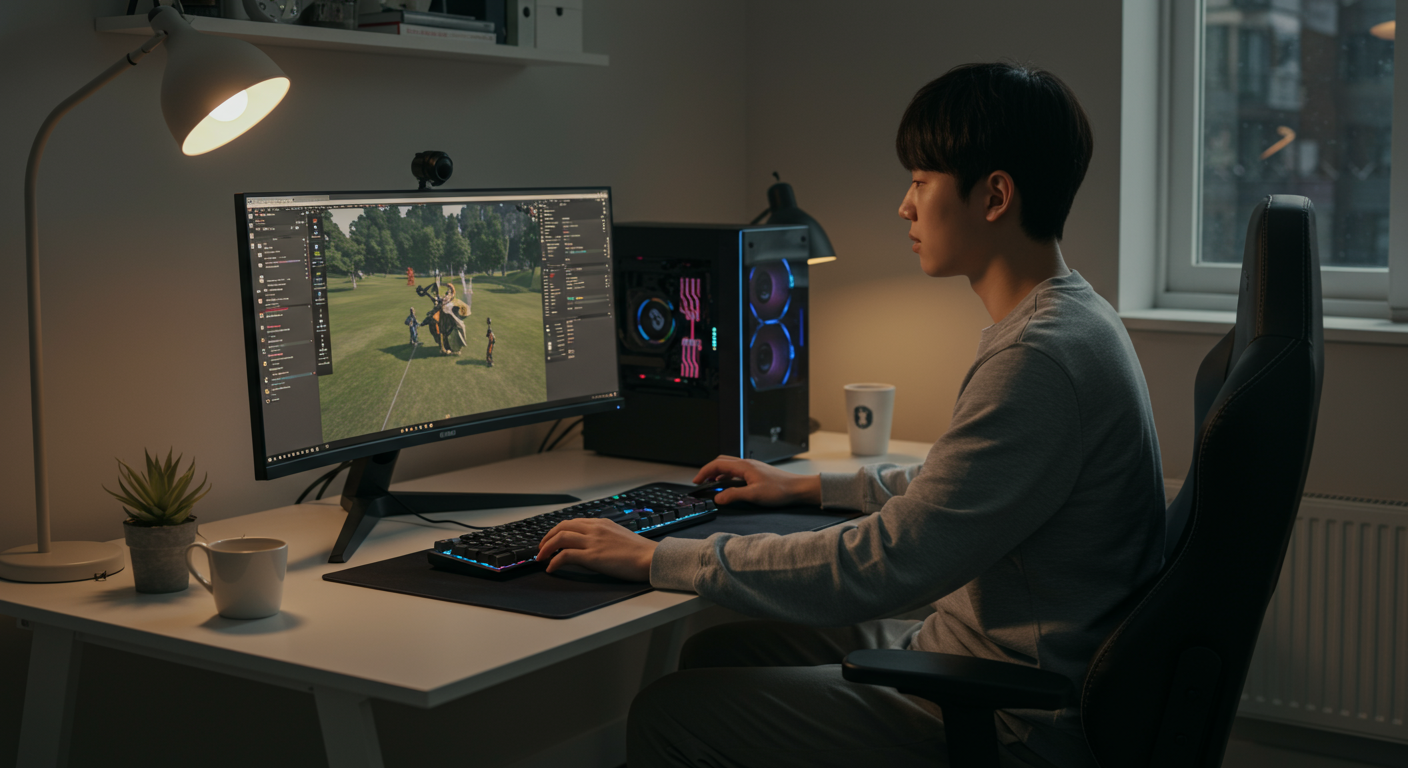 현대 아파트에서 게임과 일상 업무를 동시에 관리하는 한국인의 모습