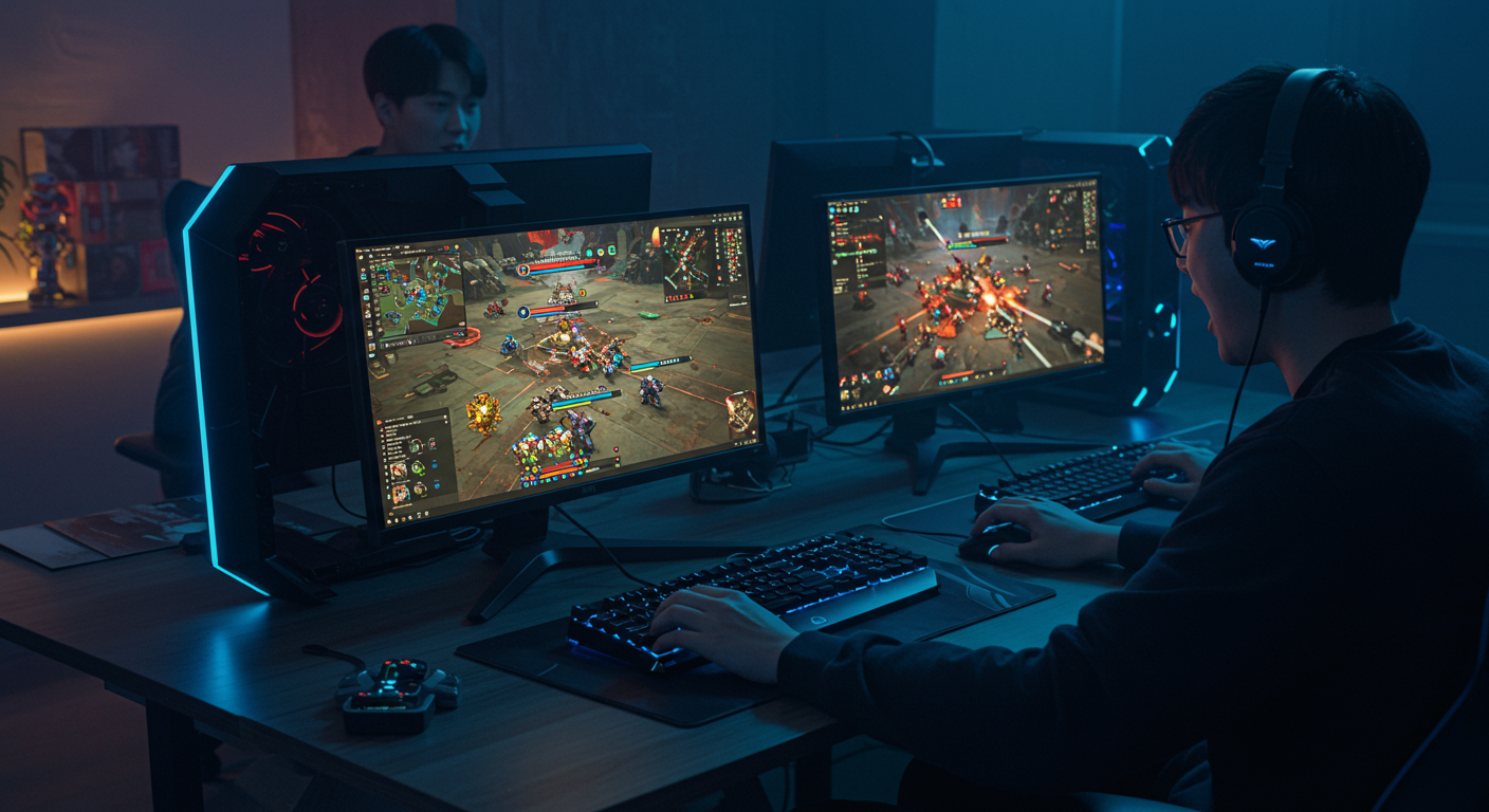 생동감 있는 그래픽으로 PC 게임에 몰입한 두 명의 게이머가 있는 역동적인 전투 장면