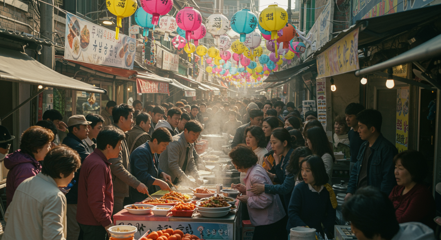 축제의 음식 부스 주변에서 사람들이 모여 논쟁하는 모습