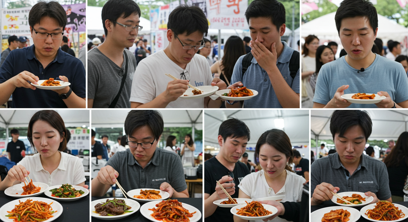 축제 음식 시식 행사에서 실망하는 사람들과 적은 양의 고급 한우 요리