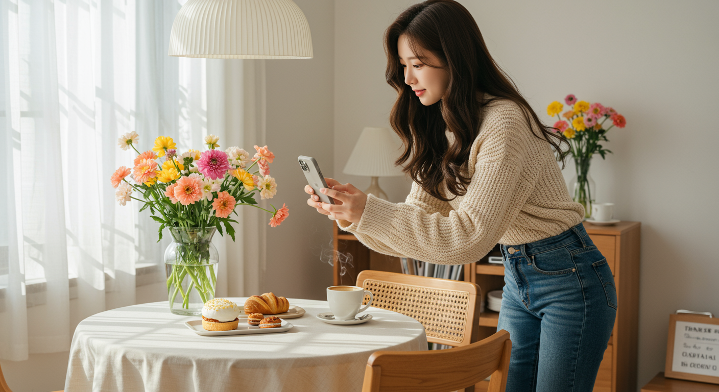 커피와 꽃이 있는 테이블에서 자연스럽게 사진을 찍는 여성