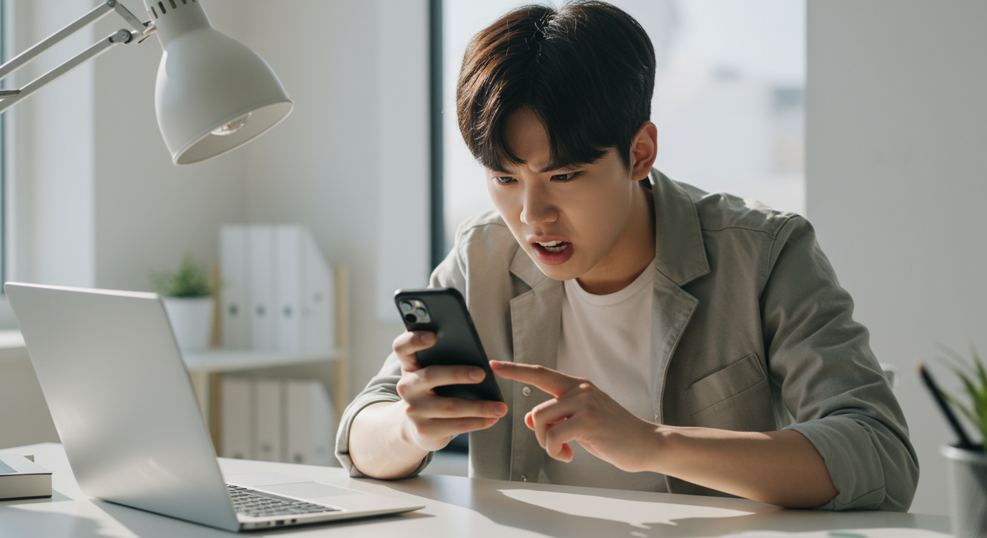 현대적인 작업 공간에서 스마트폰 문제를 해결하려는 젊은 성인의 좌절한 모습
