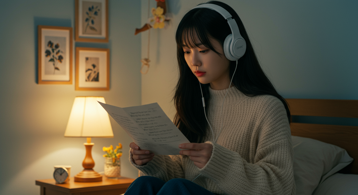 젊은 여성이 이어폰을 끼고 노래 가사를 보며 음악에 집중하는 모습